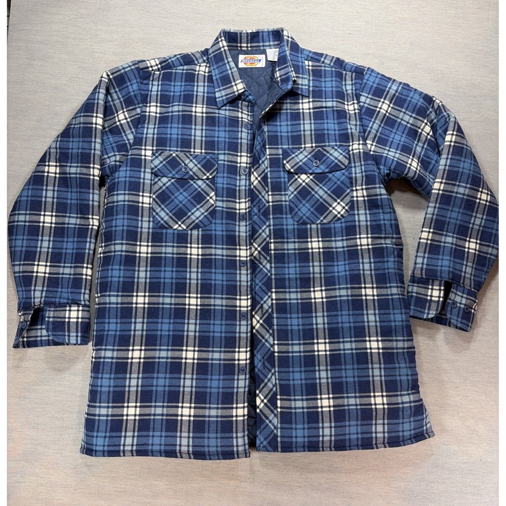 Dickies Shacket Mens Large Blue Button Up Quilted Lined Flannel Plaid Workwear L